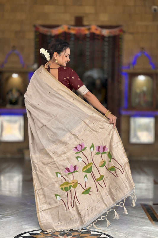 Beige Linen Silk Saree with Hand Painted Lotus Pallu Designer Blouse
