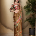 Golden Satin Floral Printed Saree with Matching Blouse Party Wear Saree