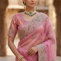 Pink Organza Silk Saree with Heavy Embroidery Designer Border