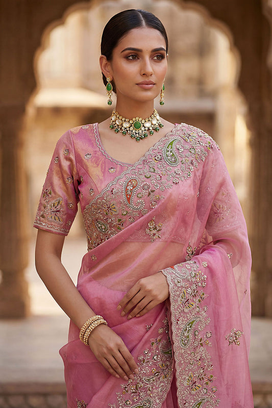 Pink Organza Silk Saree with Heavy Embroidery Designer Border