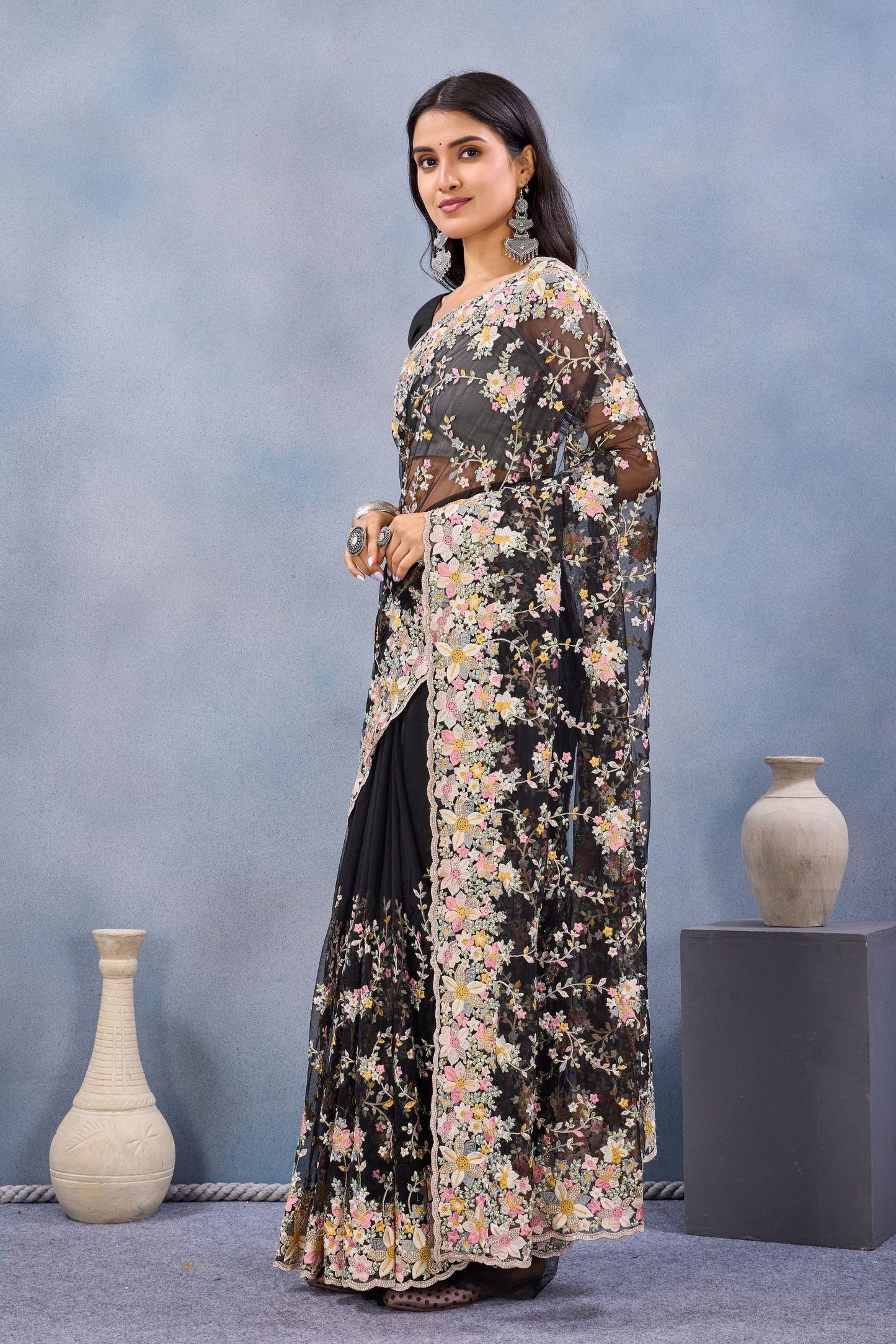 Black Floral Embroidered Net Saree with Designer Border