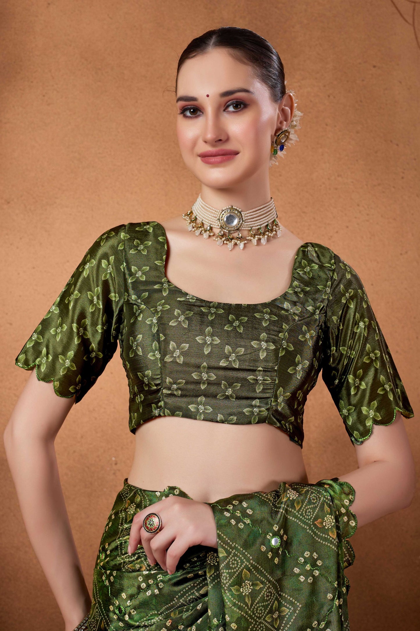 Olive Green Printed Silk Saree with Zari Work Designer Saree