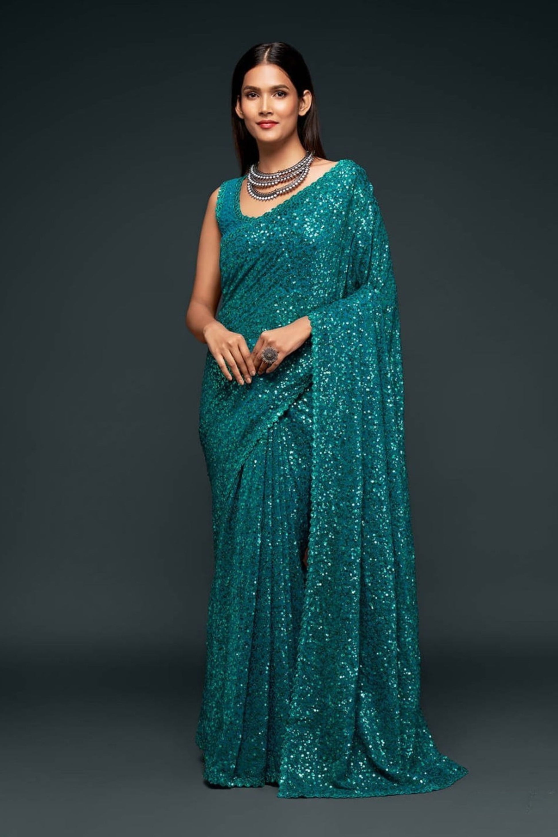 Designer Teal Green Sequin Glitter Georgette Saree with Blouse
