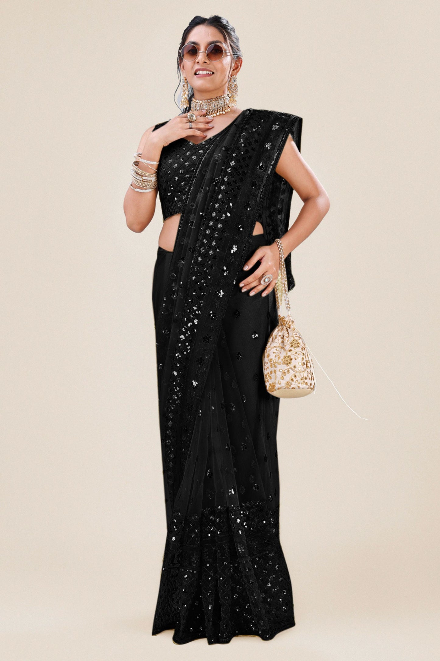 Black Net Saree with Heavy Sequins Embroidery Designer Blouse