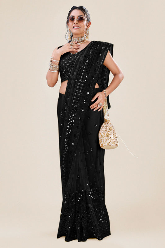 Black Net Saree with Heavy Sequins Embroidery Designer Blouse
