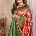Orange And Green Banarasi Silk Saree with Zari Weaving and Contrast Blouse