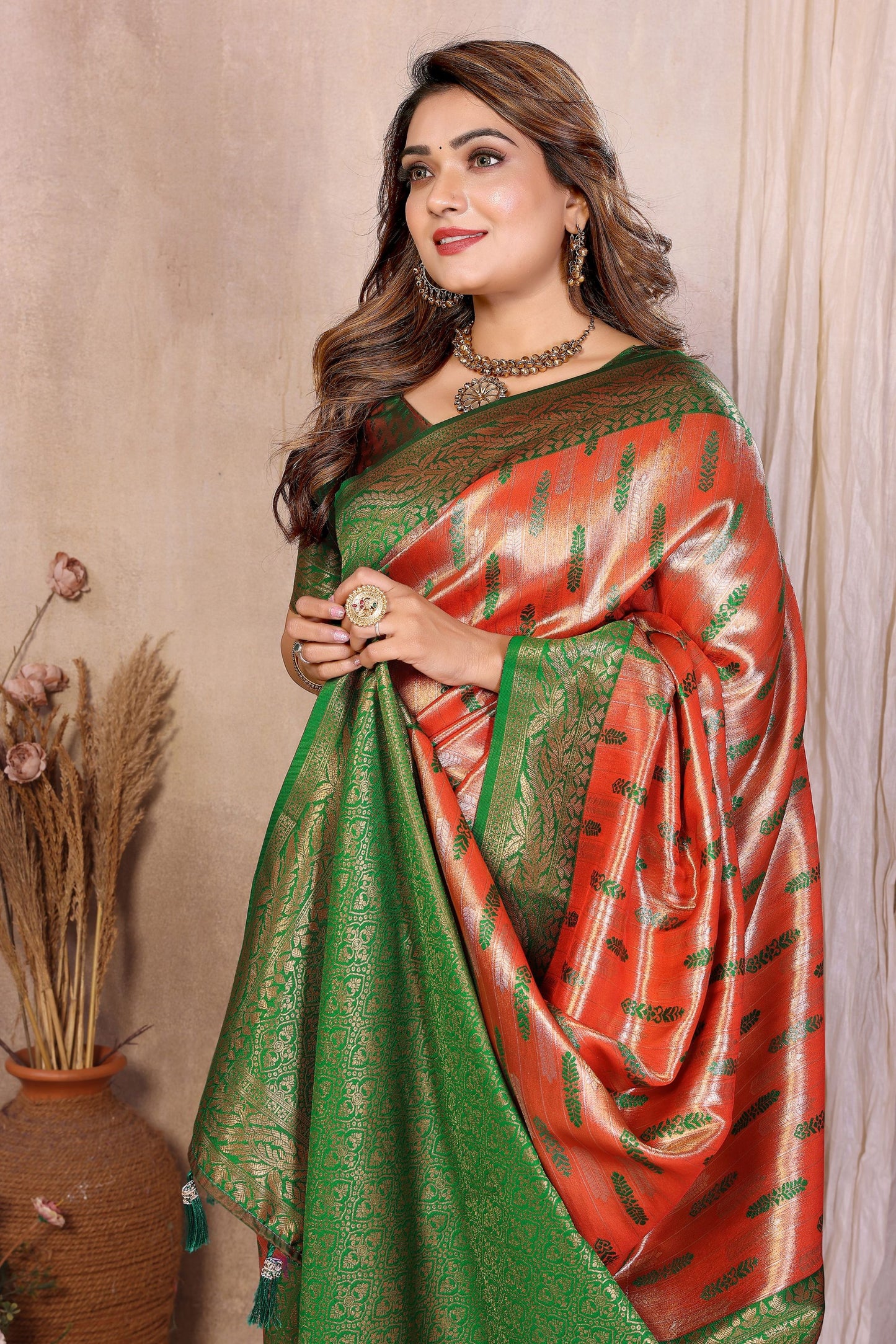 Orange And Green Banarasi Silk Saree with Zari Weaving and Contrast Blouse