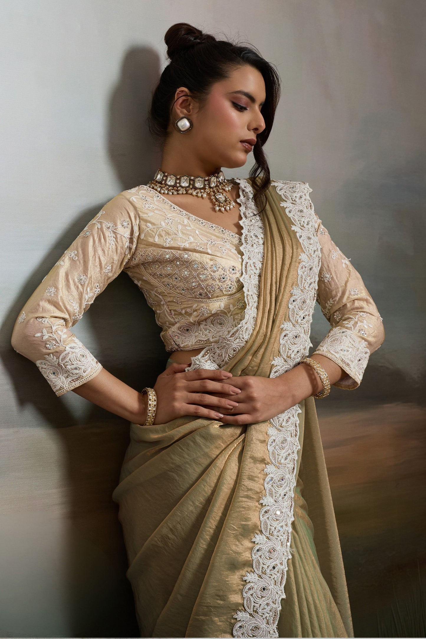 Gold and Pastel Green Silk Saree with White Lace Border
