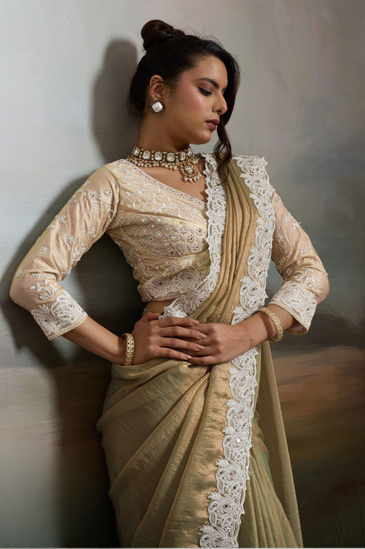 Gold and Pastel Green Silk Saree with White Lace Border