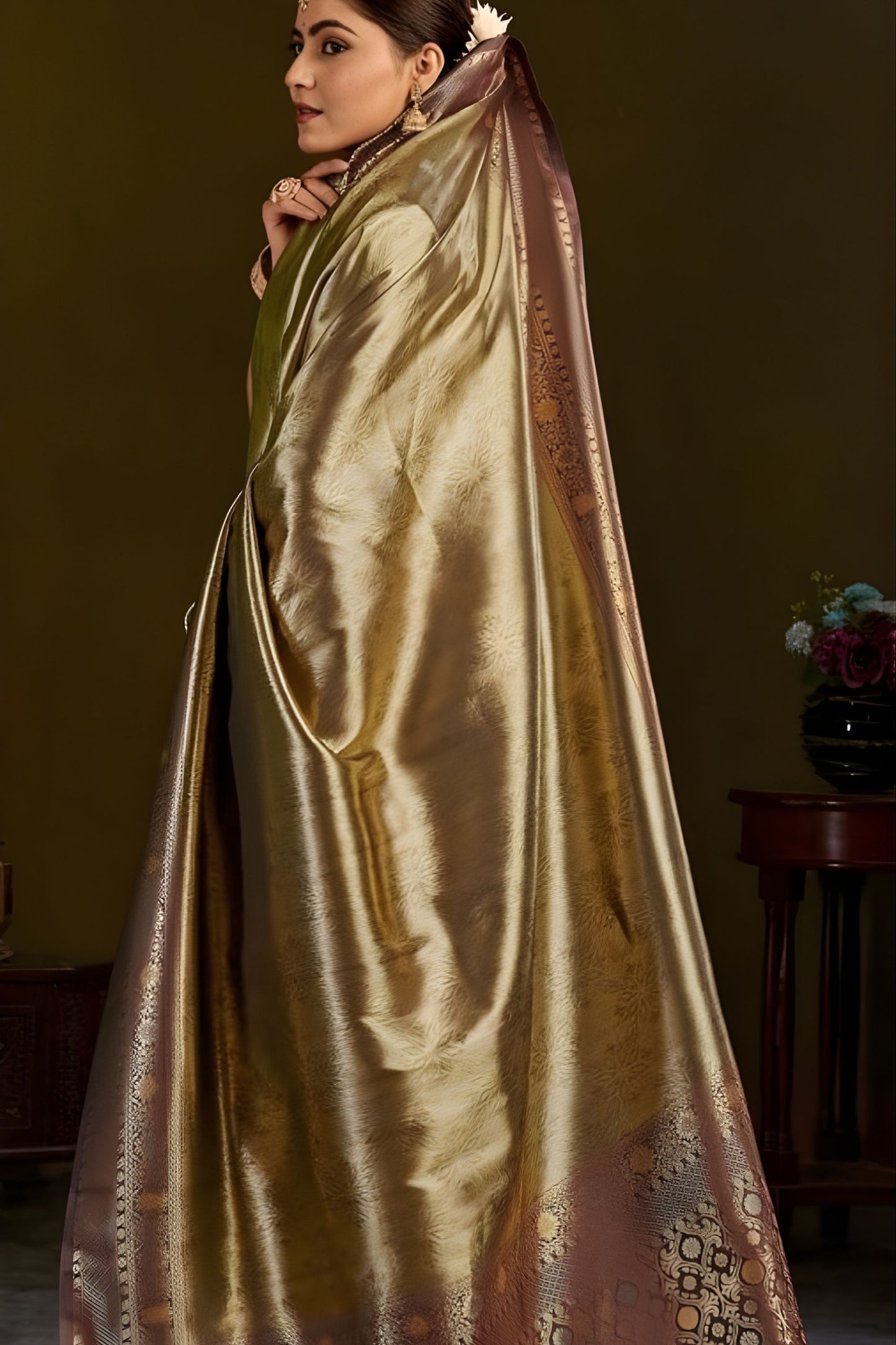 Golden Kanjivaram Silk Saree with Rich Brown Zari Border