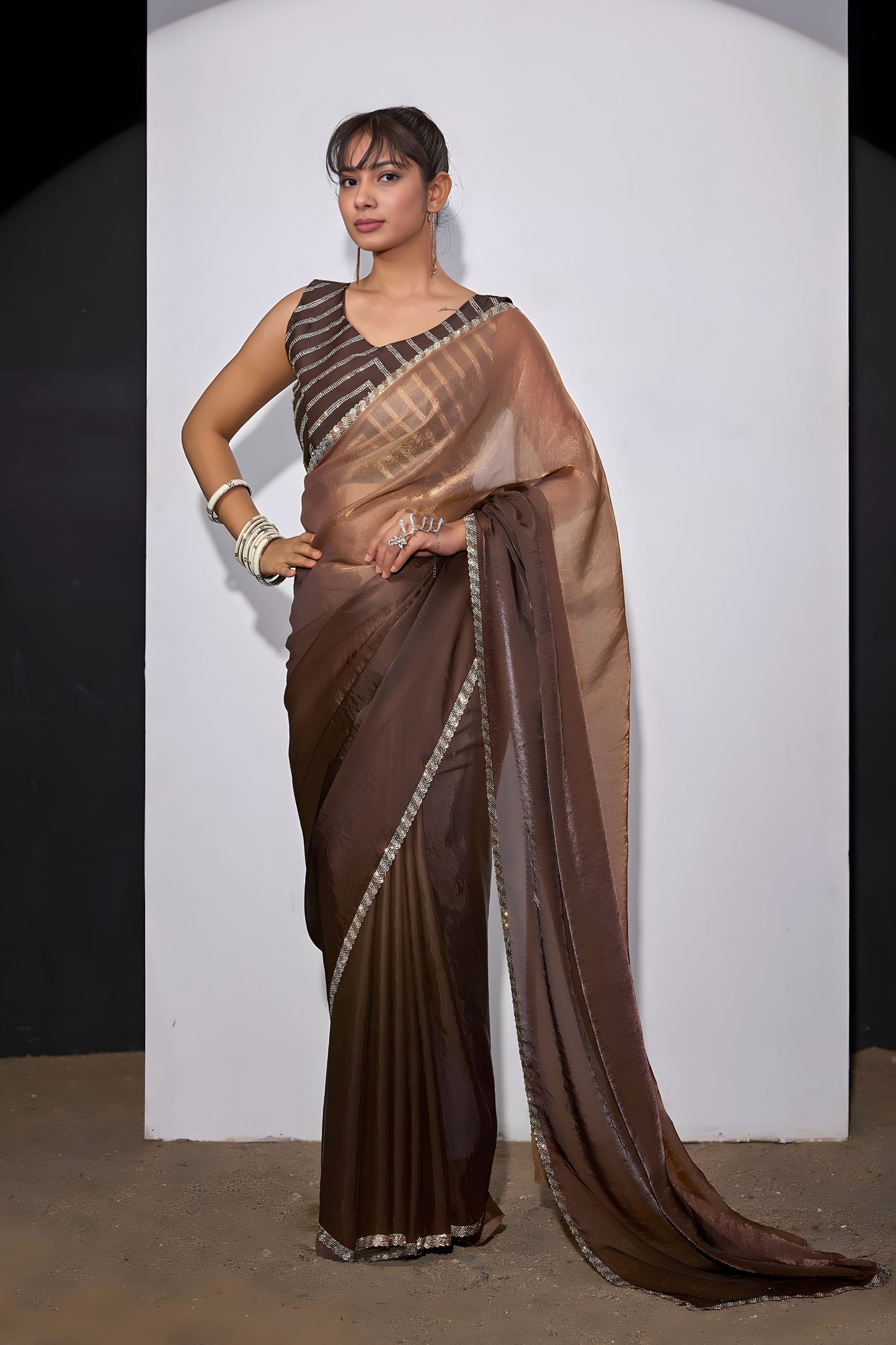 Brown Satin Silk Saree with Designer Border and Blouse