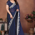 Navy Blue Satin Silk Saree Heavy Floral Embroidered Border Designer Blouse 