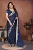 Navy Blue Satin Silk Saree Heavy Floral Embroidered Border Designer Blouse 
