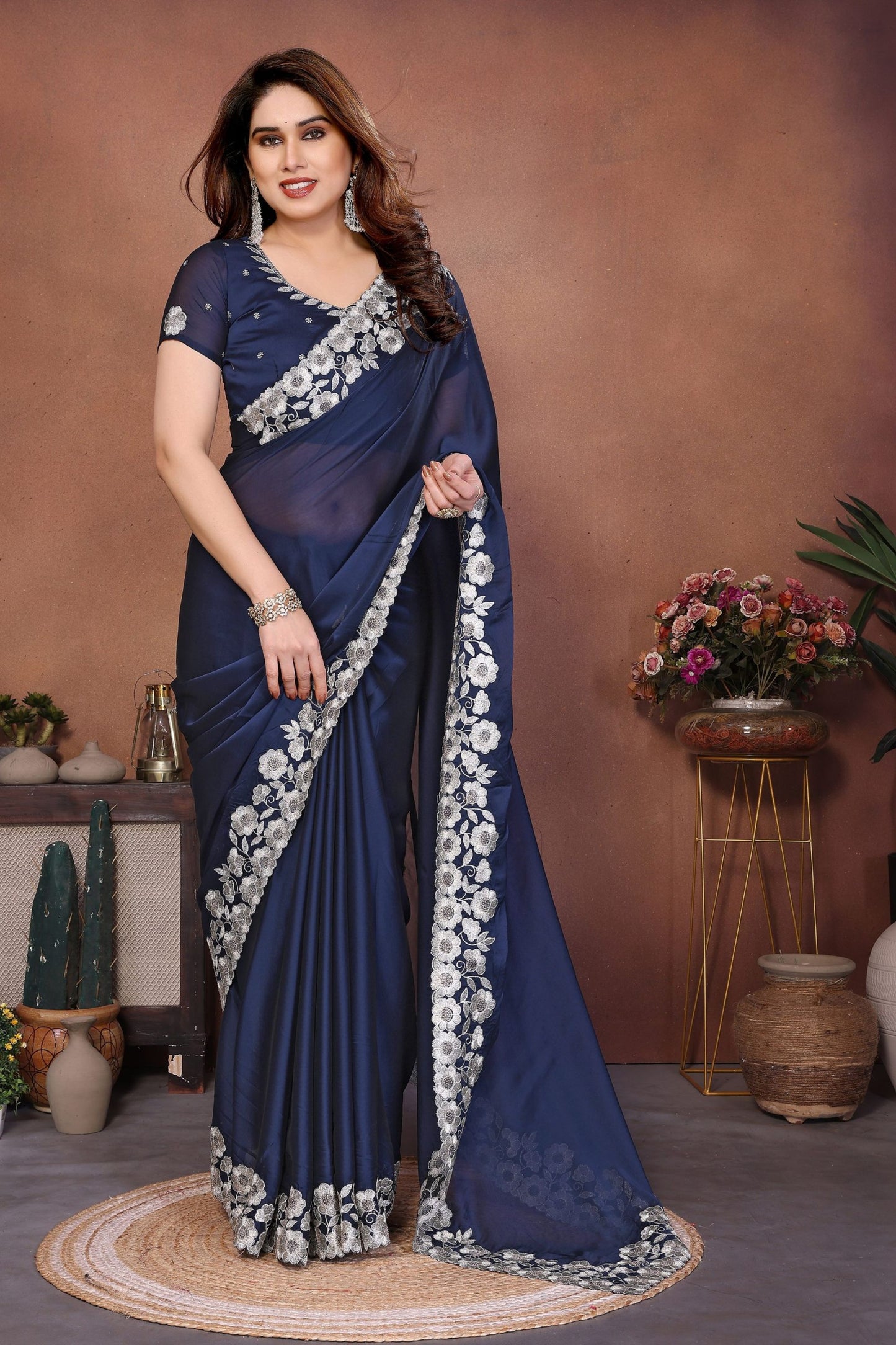 Navy Blue Satin Silk Saree Heavy Floral Embroidered Border Designer Blouse 