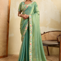 Sea Green Silk Saree with Floral Embroidered Border Designer Blouse 