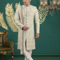 Elegant Cream Art Silk Embroidered Sherwani with Dupatta for Wedding