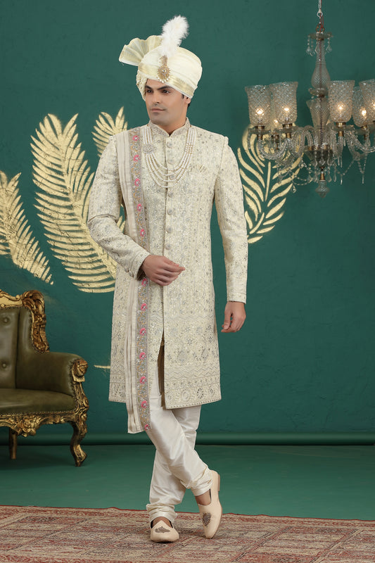 Elegant Cream Art Silk Embroidered Sherwani with Dupatta for Wedding