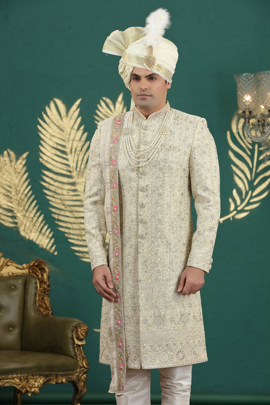 Elegant Cream Art Silk Embroidered Sherwani with Dupatta for Wedding