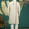Elegant Cream Art Silk Embroidered Sherwani with Dupatta for Wedding