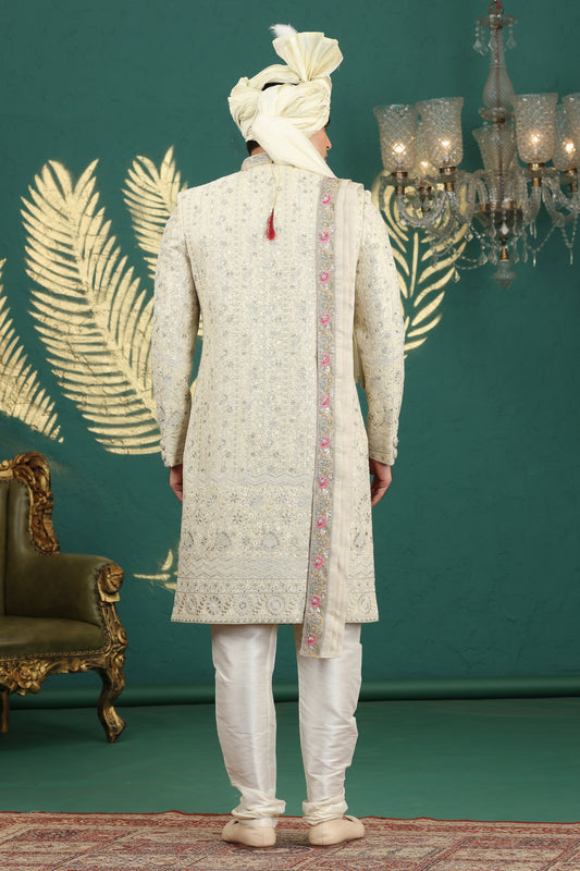 Elegant Cream Art Silk Embroidered Sherwani with Dupatta for Wedding