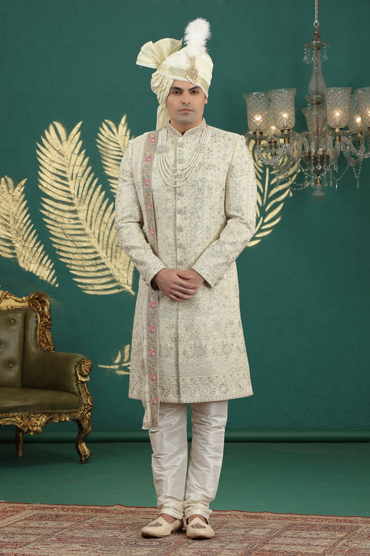 Elegant Cream Art Silk Embroidered Sherwani with Dupatta for Wedding