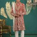 Royal Red Art Silk Embroidered Sherwani with Dupatta for Wedding