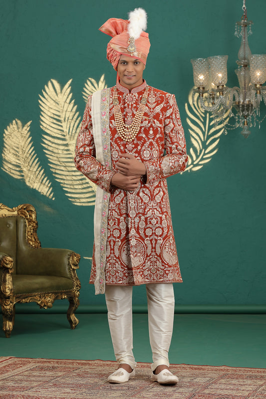 Royal Red Art Silk Embroidered Sherwani with Dupatta for Wedding