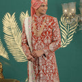 Royal Red Art Silk Embroidered Sherwani with Dupatta for Wedding