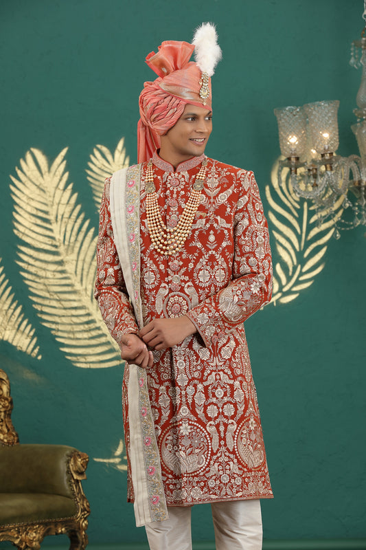 Royal Red Art Silk Embroidered Sherwani with Dupatta for Wedding