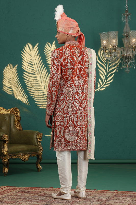 Royal Red Art Silk Embroidered Sherwani with Dupatta for Wedding