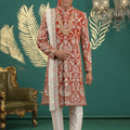 Royal Red Art Silk Embroidered Sherwani with Dupatta for Wedding