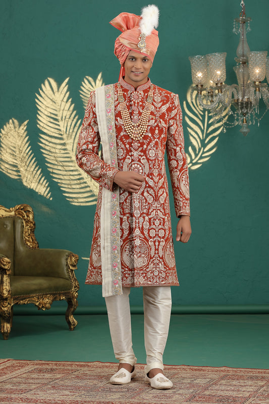 Royal Red Art Silk Embroidered Sherwani with Dupatta for Wedding