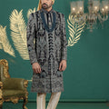 Stylish Black Art Silk Embroidered Sherwani with Cream Churidar for Wedding