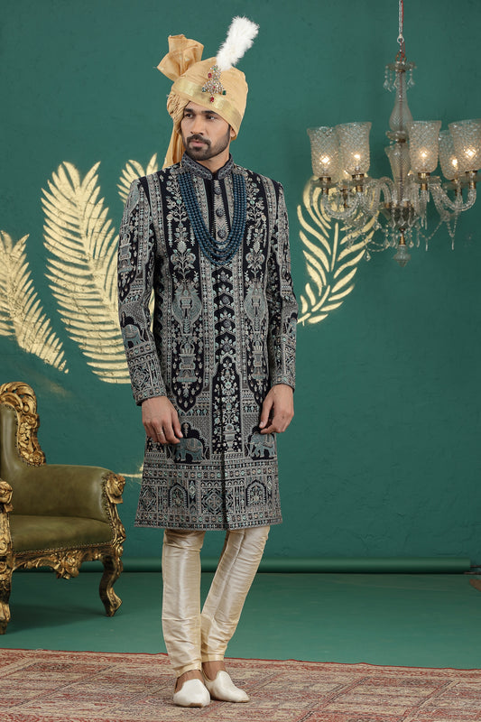 Stylish Black Art Silk Embroidered Sherwani with Cream Churidar for Wedding