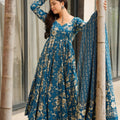 Trendy Teal Blue Muslin Digital Printed Anarkali Salwar Suit with Dupatta