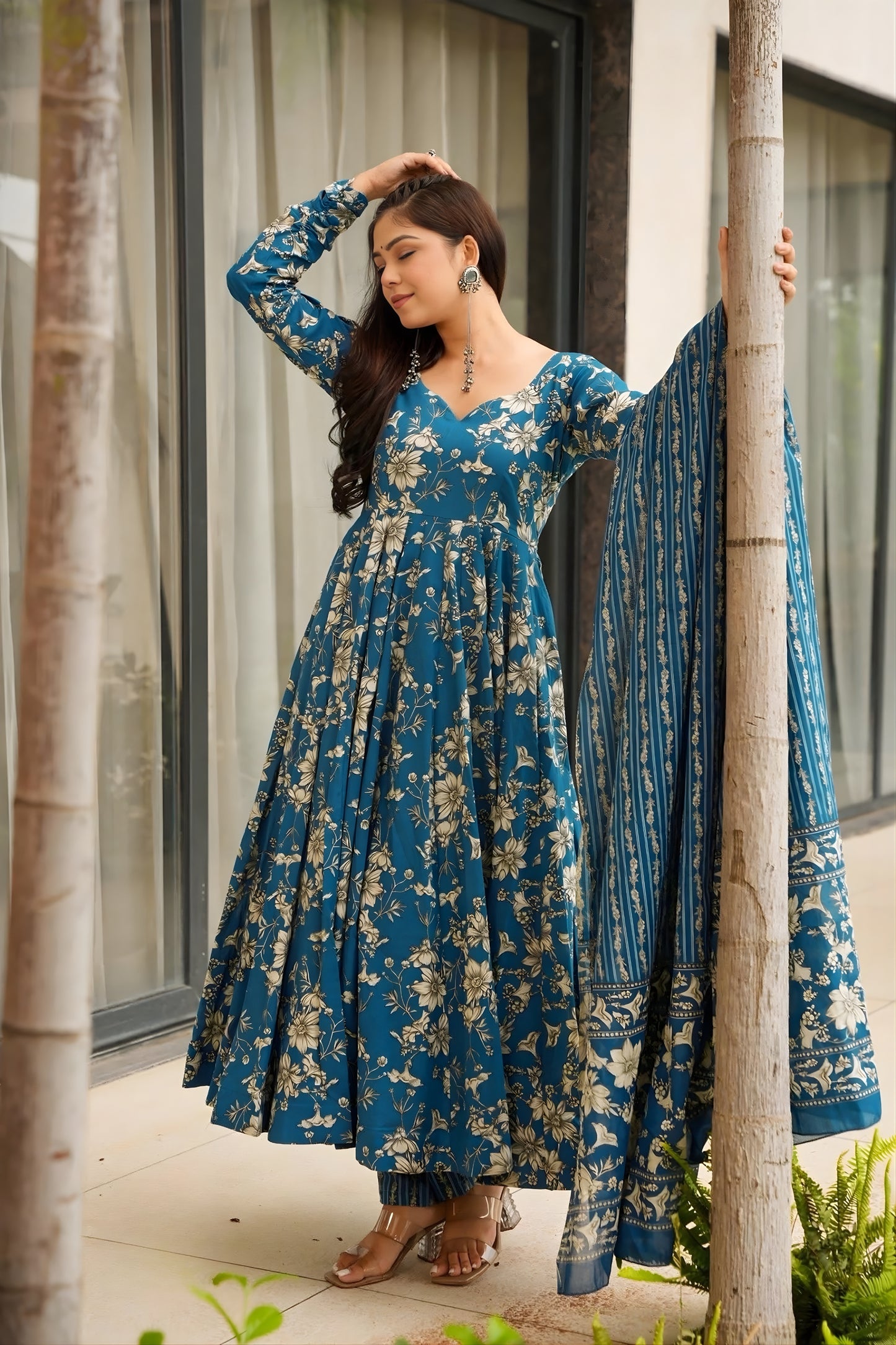 Trendy Teal Blue Muslin Digital Printed Anarkali Salwar Suit with Dupatta