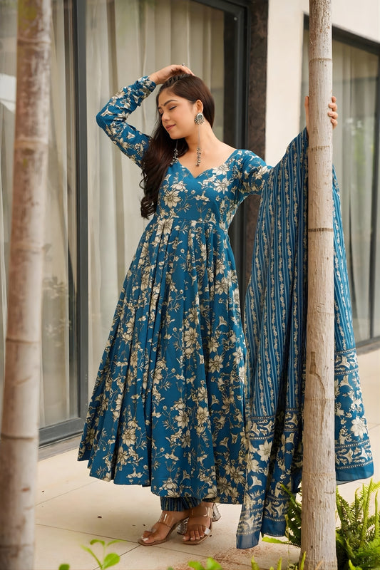 Trendy Teal Blue Muslin Digital Printed Anarkali Salwar Suit with Dupatta
