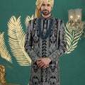 Stylish Black Art Silk Embroidered Sherwani with Cream Churidar for Wedding