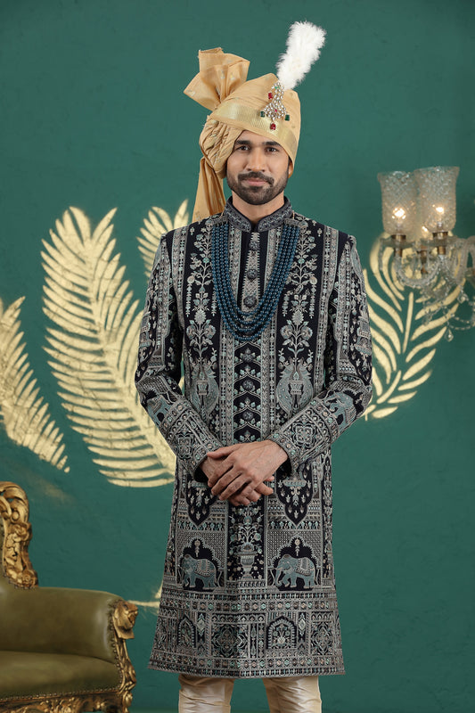 Stylish Black Art Silk Embroidered Sherwani with Cream Churidar for Wedding