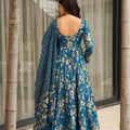 Trendy Teal Blue Muslin Digital Printed Anarkali Salwar Suit with Dupatta