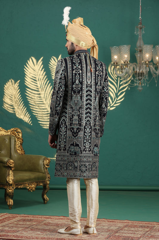 Stylish Black Art Silk Embroidered Sherwani with Cream Churidar for Wedding