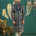 Stylish Black Art Silk Embroidered Sherwani with Cream Churidar for Wedding