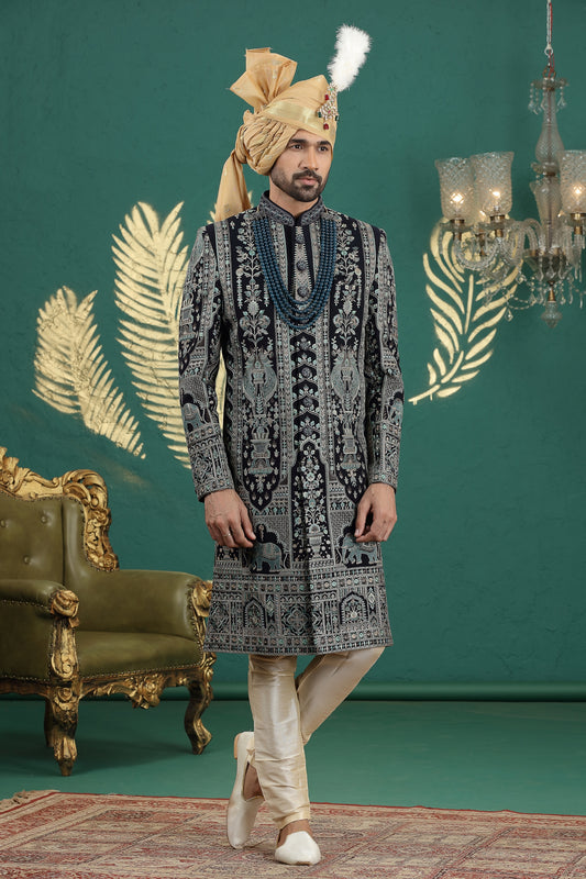 Stylish Black Art Silk Embroidered Sherwani with Cream Churidar for Wedding