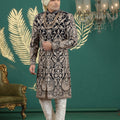 Grateful Black Art Silk Embroidered Sherwani with Cream Churidar for Wedding