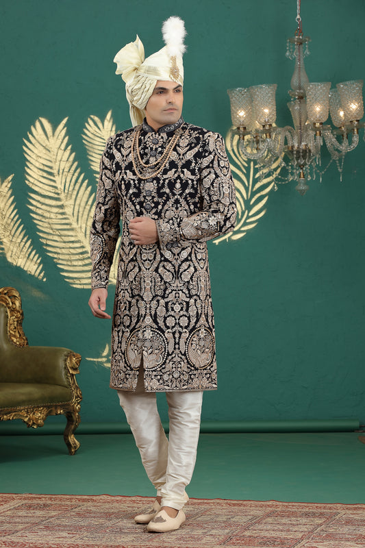 Grateful Black Art Silk Embroidered Sherwani with Cream Churidar for Wedding