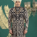 Grateful Black Art Silk Embroidered Sherwani with Cream Churidar for Wedding