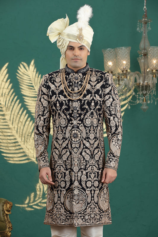 Grateful Black Art Silk Embroidered Sherwani with Cream Churidar for Wedding