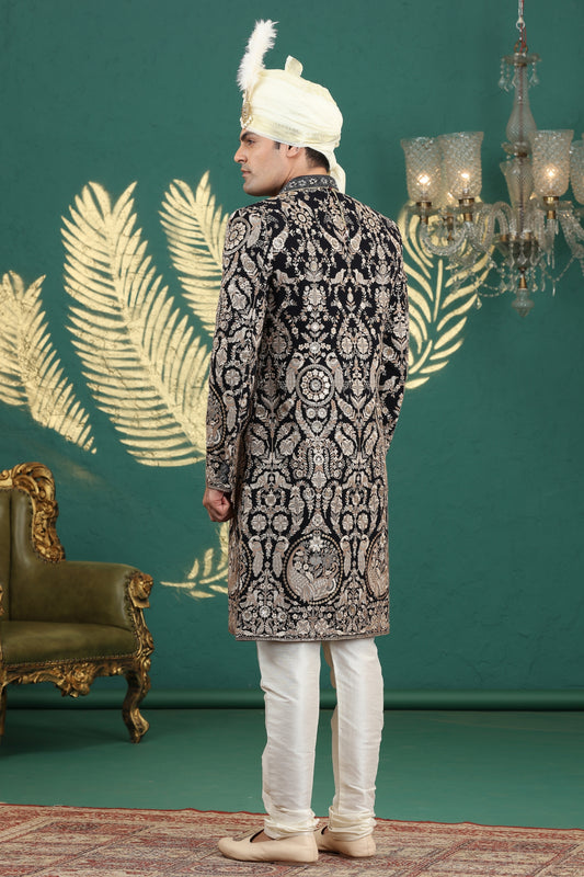 Grateful Black Art Silk Embroidered Sherwani with Cream Churidar for Wedding