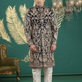 Grateful Black Art Silk Embroidered Sherwani with Cream Churidar for Wedding