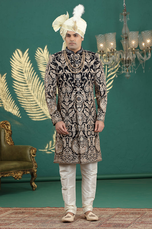 Grateful Black Art Silk Embroidered Sherwani with Cream Churidar for Wedding